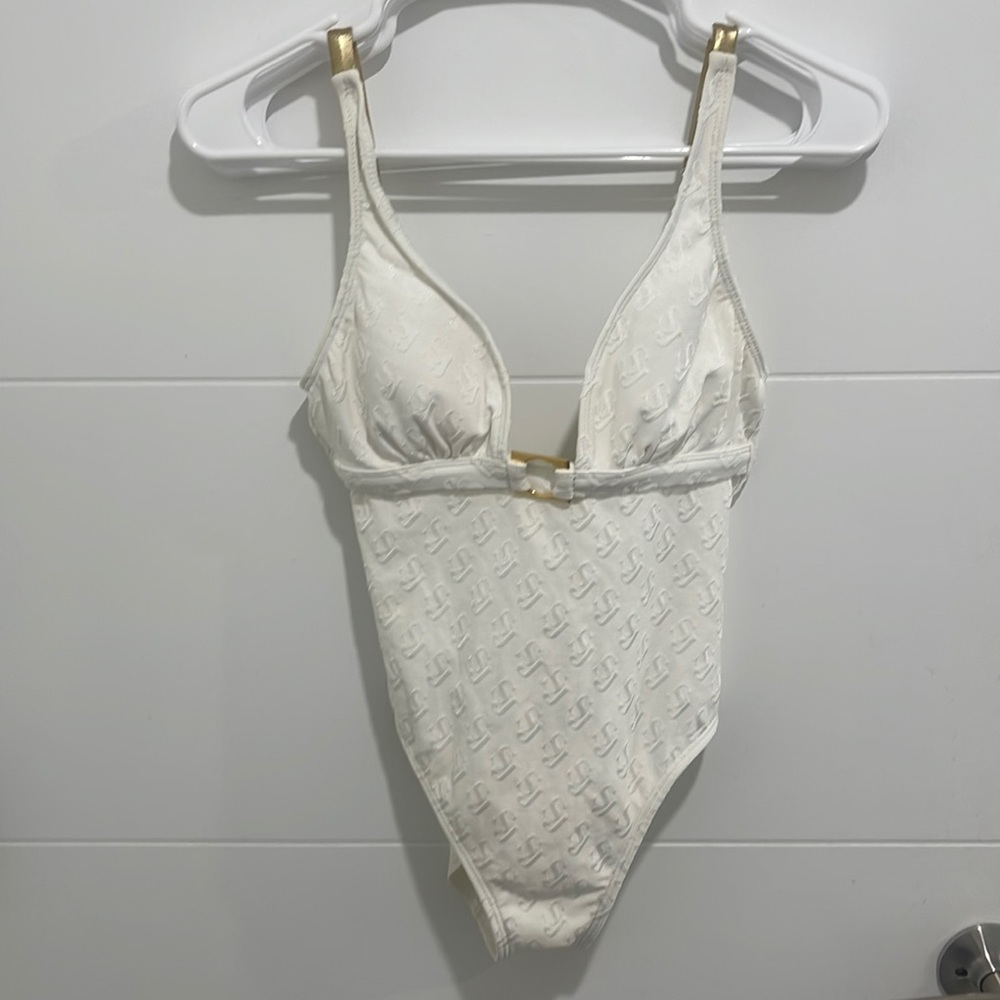 St John Swim Women white Logo Gold One Piece Swimsuit NWT Vintage Sz 4
